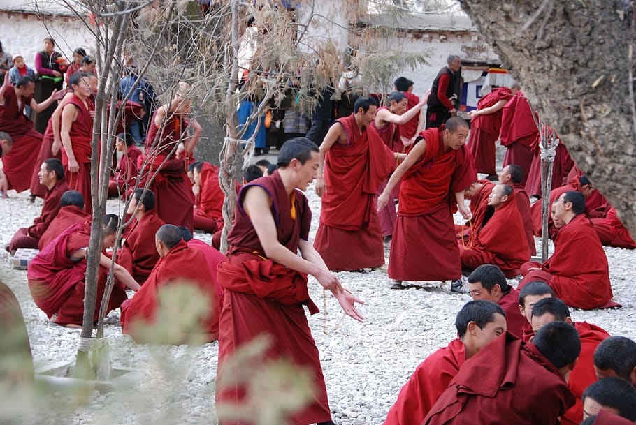 Tibet, monjos, formació, grup de persones, gran grup de persones, persones reals, multitud, vermell, dones, dia, adult, homes, naturalesa, edat mixta, roba, de peu, roba tradicional, unió, a l'aire lliure, activitat d'oci, Festival, 4K