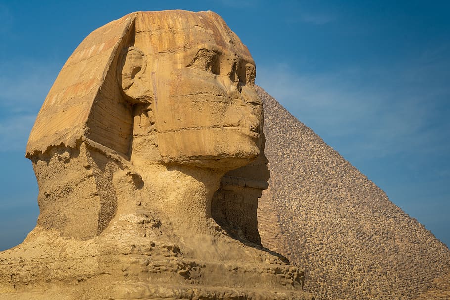 esfinx, Egipte, monument, Cairo, giza, històric, cel, art i artesania, història, escultura, el passat, vista d’angle baix, arquitectura, artesania, destinacions de viatge, naturalesa, cap gent, creativitat, estàtua, representació, viatjar, dia, turisme, representació humana, estructura construïda, llum solar, civilització antiga, a l'aire lliure, 5K