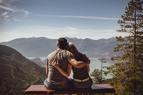 man, woman, sitting, bench, back view, clouds, couple, daylight, lake, landscape, love, mountain peak, mountains, nature, outdoors, partners, people, scenic, sky, trees, view, water, wear, mountain, leisure activity, rear view, mountain range, lifestyles, scenics - nature, women, beauty in nature, adult, real people, two people, togetherness, casual clothing, environment, non-urban scene, tree, tranquility, couple - relationship, positive emotion, looking at view, 5K, CC0, public domain, royalty free