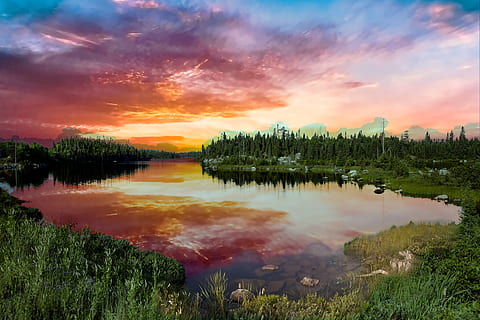 sunrise, sunset, landscape, dramatic clouds, lake superior, reflection, sky, cloud - sky, water, beauty in nature, tranquil scene, tranquility, scenics - nature, plant, lake, tree, no people, nature, non-urban scene, orange color, grass, idyllic, growth, reflection lake, 5K, CC0, public domain, royalty free