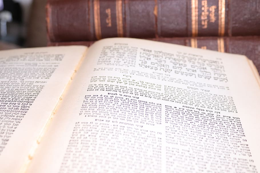 Tora, Bibel, studieren, Lernen, lesen, Bücher, Buch, altes Buch, braun, alte Bücher, jüdisches Buch, jüdisch, Judentum, Kultur, biblisch, Veröffentlichung, Text, Glauben, Bildung, Religion, Spiritualität, Papier-, öffnen, Seite, Kommunikation, drinnen, Nahansicht, westliche Schrift, keine Leute, Stillleben, selektiver Fokus, Literatur, Lehrbuch, religiöse Ausrüstung, 5K