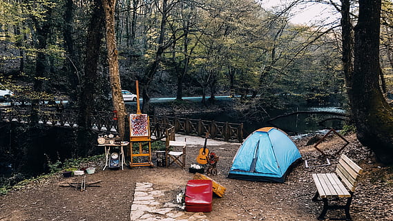 Turkija, belgrad ormani, miškas, stovykla, kempingas, palapinę, drobė, pobūdį, ramus, lapai, medis, kelionė, keliautojas, ištirti, tyrinėtojas, gitara, muzika, tapyti, Tapyba, augalų, dieną, žemės, bagažinė, medžio kamienas, lauke, augimą, nėra žmonių, sėdynės, kėdė, pastatyta struktūra, nebuvimas, architektūra, lentelė, 4K, CC0, Viešasis domenas, nemokamai