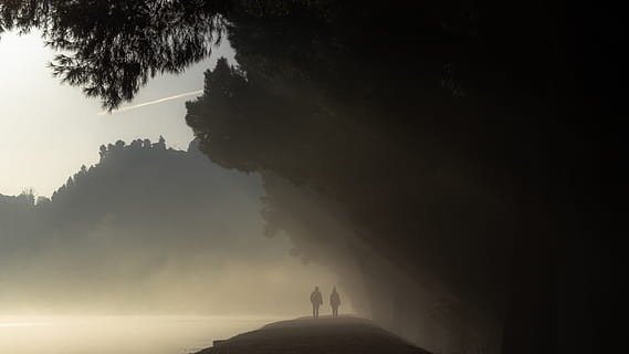 silueta, gent, penya-segat, retroil·luminat, fosc, alba, dramàtica, boira, paisatge, llum, lluna, muntanya, naturalesa, escènic, tempesta, posta de sol, arbres, aigua, temps, arbre, planta, cel, tranquil·litat, bellesa a la natura, escena tranquil·la, escenics - natura, persones reals, una persona, de peu, terra, a l'aire lliure, estils de vida, 2K, CC0, domini públic, lliure de regalies