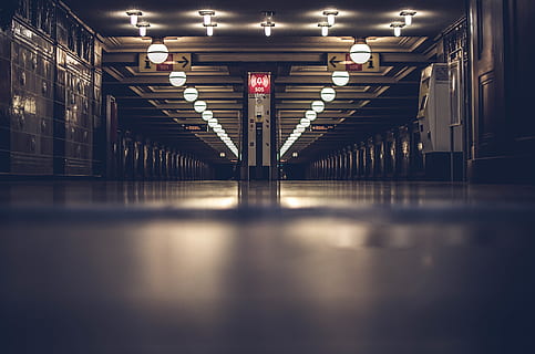 Billede af gangen, bygning, loft, mørk, tom, entre, indendørs, inde, lys, lav vinkel skud, moderne, passage, station, stål, metrostation, metro system, tunnel, underjordisk, by-, belysningsudstyr, belyst, arkitektur, vejen frem, retning, ingen mennesker, bygget struktur, transportmidler, afspejling, gulve, elektrisk lys, offentlig transport, faldende perspektiv, undergrundsbane, i en række, overflade niveau, arkitektoniske kolonne, lysarmatur, fodgængertunnel, 5K, CC0, offentligt domæne, royaltyfrie