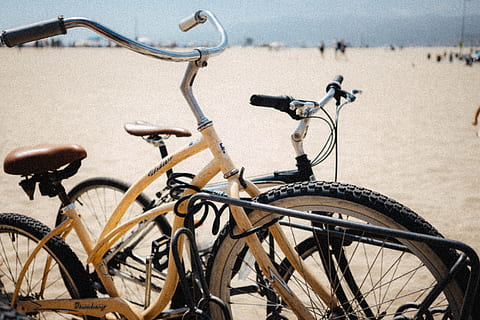 trois vélos de couleurs assorties, bicyclette, transport, véhicule, vélo, roue, machine, vélo de montagne, la personne, Humain, plage, mode de vie, Californie, venise, parlait, sangle, pneu, bmx, légume, plante, aliments, mode de transport, véhicule terrestre, Stationnaire, personne, journée, terre, la nature, Voyage, lumière du soleil, le sable, eau, mer, se concentrer sur le premier plan, en plein air, guidon, ville, parking, 5K, CC0, domaine public, libre de droits