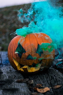 jack, o', lantern, table, halloween, pumpkin, celebration, food, food and drink, jack o' lantern, creativity, no people, close-up, spooky, face, orange color, art and craft, anthropomorphic face, anthropomorphic, smoke - physical structure, holiday - event, wood - material, craft, 4K, CC0, public domain, royalty free