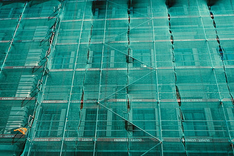 architecture, building, structure, construction, net, steel, backgrounds, full frame, built structure, no people, day, pattern, construction industry, building exterior, construction site, outdoors, low angle view, reflection, scaffolding, swimming pool, pool, nature, blue, turquoise colored, 5K, CC0, public domain, royalty free