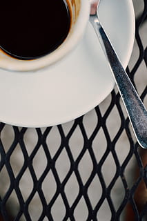 espresso, coffee, spoon, table, outside, caffine, cup, food and drink, close-up, kitchen utensil, coffee - drink, mug, coffee cup, no people, household equipment, food, metal, drink, high angle view, indoors, pattern, refreshment, eating utensil, preparation, stove, crockery, breakfast, 4K, CC0, public domain, royalty free