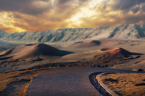 mountain, sky, sunset, clouds, volcano, road, scenic, cool wallpaper, cloud - sky, scenics - nature, beauty in nature, environment, landscape, tranquil scene, tranquility, non-urban scene, snow, cold temperature, no people, nature, winter, idyllic, remote, snowcapped mountain, 5K, CC0, public domain, royalty free
