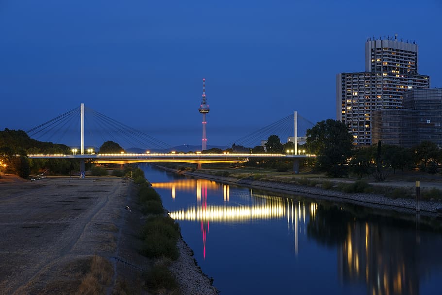 ponte, connessione, lontano, notte, luci, mirroring, fiume, acqua, torre della tv, torre radio, costruzione, grattacielo, Mannheim, Neckar, Germania, architettura, struttura costruita, cielo, riflessione, esterno dell'edificio, natura, città, mezzi di trasporto, illuminato, nessuno, crepuscolo, ponte - struttura fatta dall'uomo, blu, all'aperto, moderno, edificio per uffici esterno, 5K