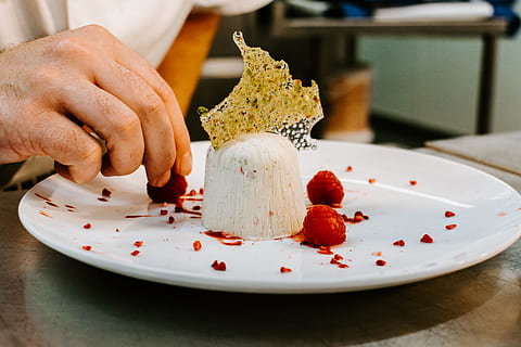 round, white, ceramic, plate, food, culinary, person, human, dessert, finger, sweets, confectionery, creme, cake, cream, icing, dish, raspberry, plant, restaurant, meal, fruit, gourmet, dining, food and drink, freshness, sweet food, sweet, one person, indoors, close-up, indulgence, ready-to-eat, midsection, focus on foreground, table, hand, human hand, baked, temptation, chef, garnish, 5K, CC0, public domain, royalty free