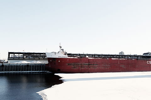 ship, container, carrier, cargo, water, ice, winter, transportation, sky, clear sky, copy space, nature, nautical vessel, architecture, day, no people, shipping, freight transportation, built structure, pier, waterfront, industry, building exterior, outdoors, 5K, CC0, public domain, royalty free