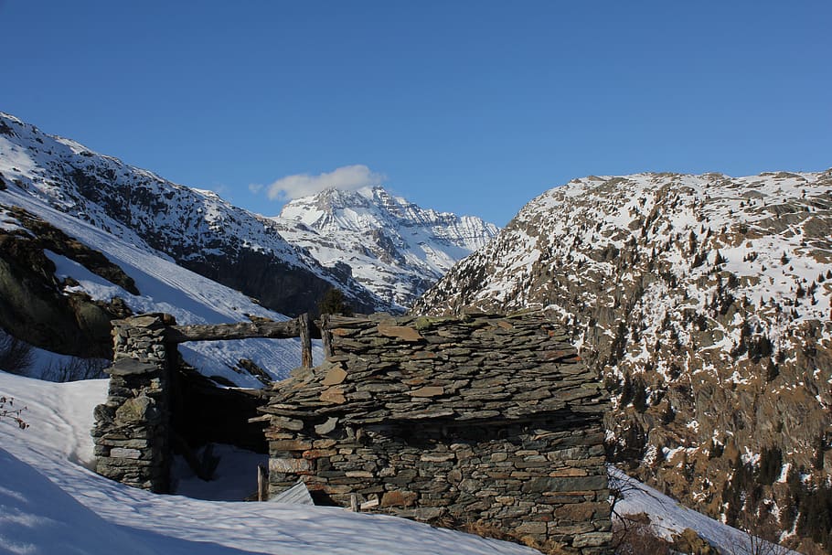 sne, hus, vinter, landskab, kold, natur, hvid, snedækket, landsby, bjerge, grande casse, Vanoise, haute maurienne, Maurienne, parkere, berger, hus brudt, bjerg, himmel, bjergkæde, arkitektur, skyfri himmel, scenics - natur, bygget struktur, kold temperatur, ingen mennesker, dag, snedækket bjerg, blå, skønhed i naturen, bygning udvendig, bygning, solid, udendørs, Stenmur, formation, 5K