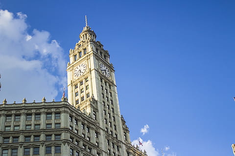 Turm, die Architektur, Glockenturm, Gebäude, Chicago, das Wrigley-Gebäude, Vereinigte Staaten, Stadt, Uhr, Innenstadt, Kirchturm, historisch, Chicago City, Himmel, Wolkenkratzer, Wrigley Building Chicago, Chicago Innenstadt, wunderschönen, Gebäudehülle, gebaute Struktur, Flachwinkelansicht, Blau, Geschichte, die Vergangenheit, Reiseziele, Natur, Tourismus, Tag, Reise, große Höhe, keine Leute, kopieren sie platz, 5K, CC0, gemeinfrei, lizenzfrei