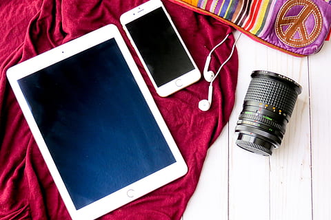 ipad + iphone, technology, tech, no people, holiday, photography themes, high angle view, textile, red, copy space, wireless technology, indoors, trip, directly above, communication, vacations, close-up, striped, connection, blank, table, still life, personal accessory, 4K, CC0, public domain, royalty free