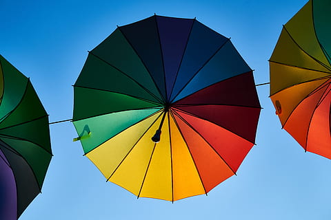 umbrella, color, beautiful, pattern, street, decoration, open, romantic, sky, design, ornament, sun visor, summer, multi colored, protection, blue, clear sky, no people, security, day, nature, outdoors, yellow, paper, red, creativity, variation, mid-air, vibrant color, 8K, CC0, public domain, royalty free