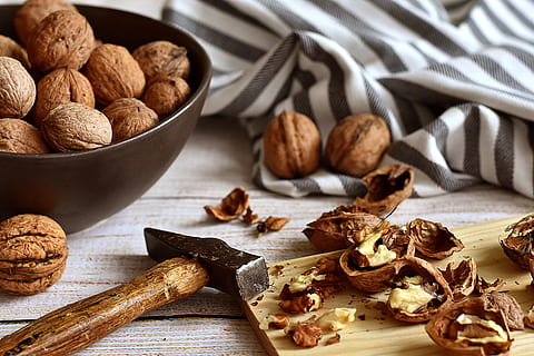 walnuts, cracked, hammer, rustic, food, nutshell, nuts, snack, tasty, towel, kitchen, food and drink, healthy eating, freshness, indoors, nut, wellbeing, nut - food, large group of objects, no people, still life, walnut, table, dried food, wood - material, bowl, spice, high angle view, close-up, 5K, CC0, public domain, royalty free
