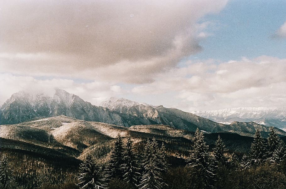Berge und Bäume, Berg, Wolke, zuerst, Baum, Hügel, Schnee, Gipfel, Natur, Karpaten, Wildnis, Grün, dunkel, Landschaft, Sonnenlicht, Schatten, Hau ab, carpati, 35mm, Film, Wald, szenen, draußen, Himmel, Gebirge, europäische alpen, wolke - himmel, Schönheit in der Natur, Winter, Reise, Tal, keine Leute, Rock - Objekt, Herbst, Sommer-, Blau, Eis, Dolomiten, Nebel, Europa, 4K
