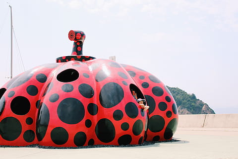 tenda de marieta, inflable, Japó, naoshima, illa de Naoshima, textura, arbust, planta, vegetació, lunars, vacances, esfera, mobles, sofà, arquitectura, cúpula, edifici, barri, urbà, pneumàtic, monument, manera de transport, transport, cel, naturalesa, dia, cap gent, cotxe, a l'aire lliure, automòbil, vermell, esport, joguina, primer pla, patró, vehicle terrestre, natura morta, globus, llum solar, forma, 4K, CC0, domini públic, lliure de regalies
