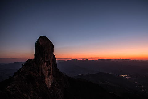 mountain during sunset, backlit, clouds, dawn, daylight, evening, hike, landscape, light, moon, mountain, rock, scenery, scenic, sky, sun, sunset, scenics - nature, beauty in nature, tranquility, tranquil scene, nature, environment, non-urban scene, mountain range, solid, rock - object, no people, idyllic, night, remote, travel destinations, outdoors, mountain peak, romantic sky, 5K, CC0, public domain, royalty free