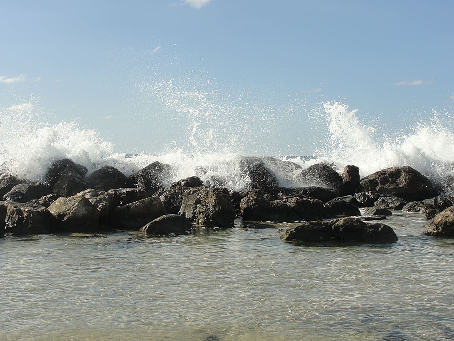 skály, splash, oceán, voda, moře, pohyb, Skála, vlna, stříkající, krása v přírodě, rock - objekt, Příroda, pevný, den, nábřeží, Napájení, moci, lámání, nikdo, nebe, scenics - příroda, Skalní formace, venku, bít, tekoucí voda, 2K
