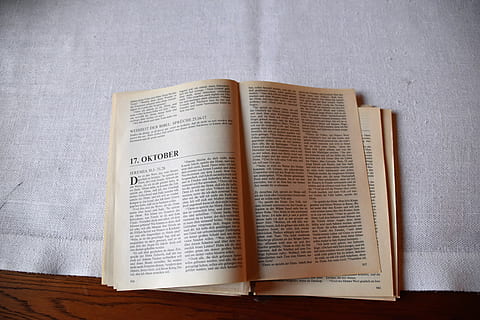brown book, book, publication, education, indoors, no people, page, open, still life, high angle view, literature, communication, text, paper, religion, belief, learning, expertise, textbook, hardcover book, 5K, CC0, public domain, royalty free