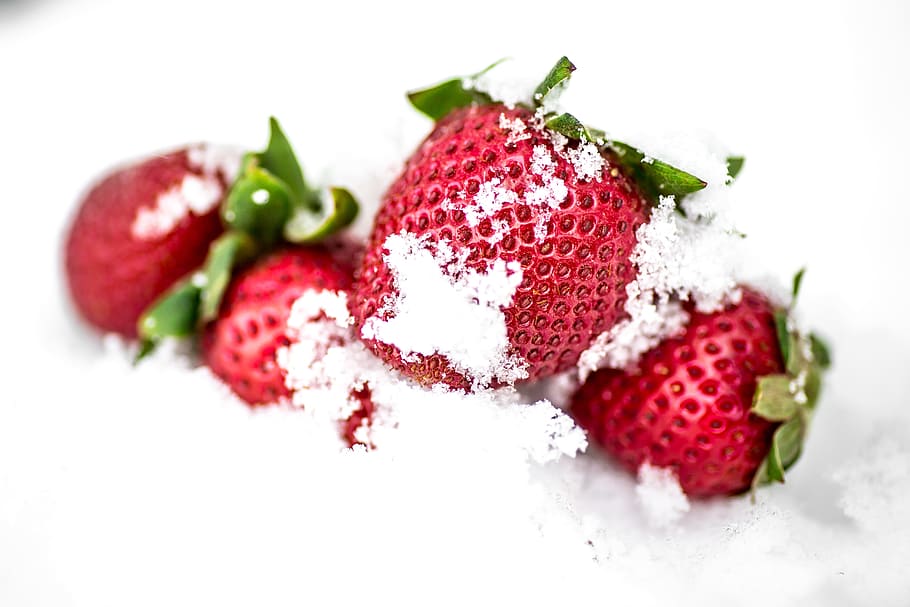 maduixes a la neu, fruita, fruites de baies, alimentació saludable, menjar i beguda, menjar, vermell, frescor, tir de l'estudi, maduixa, cap gent, primer pla, benestar, temperatura de fred, neu, a l'interior, fons blanc, natura morta, menjar dolç, naturalesa, hivern, madur, temptació, 4K