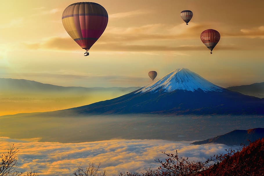paisaje, cielo, nubes, montañas, Dom, escénico, amanecer, fondo de pantalla hd, globo, vehículo aéreo, montaña, globo aerostático, paisajes - naturaleza, aire, transporte, aventuras, volador, naturaleza, belleza en la naturaleza, viaje, escena no urbana, nube - cielo, destinos de viaje, nadie, ambiente, escena tranquila, festival de globos, Montaña cubierta de nieve, pico de la montaña, 5K