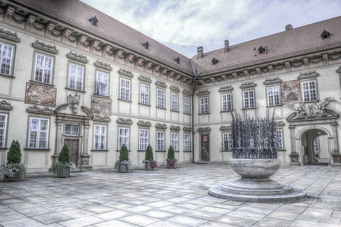 brown, roofed, white, 2 storey building, architecture, building, facade, windows, building exterior, built structure, window, day, sky, no people, city, street, nature, cloud - sky, plant, potted plant, outdoors, residential district, history, the past, travel destinations, art and craft, courtyard, tiled floor, 5K, CC0, public domain, royalty free