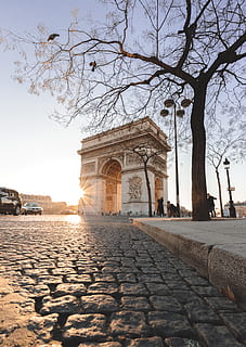 arch de triomphe, arquitectura, arbre, estructura construïda, cel, naturalesa, carrer, ciutat, exterior de l'edifici, arbre nu, arc, llambordes, el passat, transport, història, planta, cap gent, destinacions de viatge, branca, dia, cotxe, a l'aire lliure, columna arquitectònica, 5K, CC0, domini públic, lliure de regalies