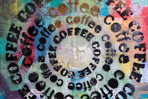 coffee, graffiti, pattern, article, wall, texture, color, circle, architecture, street, caffeine, painting, drawing, pictures, urban, full frame, backgrounds, multi colored, no people, close-up, art and craft, textured, creativity, abstract, wall - building feature, paint, indoors, geometric shape, old, design, day, textured effect, 8K, CC0, public domain, royalty free