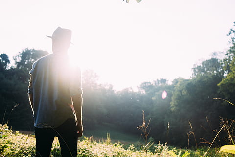 sunshine, sun rays, guy, man, hat, people, forest, woods, trees, nature, summer, three quarter length, one person, sunlight, clothing, standing, lens flare, day, plant, field, land, lifestyles, leisure activity, adult, men, tree, rear view, casual clothing, outdoors, 5K, CC0, public domain, royalty free