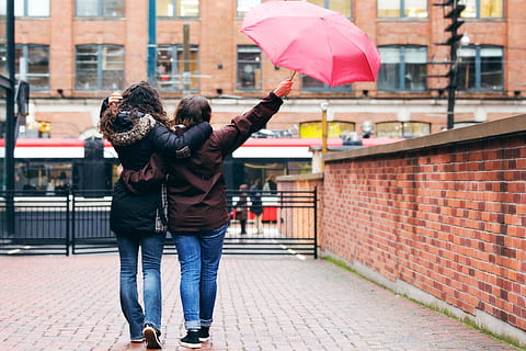 walking, rain photo, Women, Couple, Love, Friends, Valentines Day, Women's Day, Pride, two people, city, architecture, real people, lifestyles, adult, men, casual clothing, building exterior, togetherness, rear view, standing, day, full length, umbrella, positive emotion, people, leisure activity, outdoors, couple - relationship, warm clothing, 4K