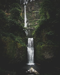 waterval, bergen, brug, berg-, rivier-, stroom, boom, Bos, bos-, natuur, buitenshuis, blad, bladeren, reislust, avontuur, onderzoeken, water, reizen, humeurig, wildernis, vreedzaam noordwesten, pnw, versheid, schoonheid in de natuur, rock - object, Vakantiebestemmingen, landschap, vallend, tropisch regenwoud, nat, groene kleur, stromend water, Bekende plek, geen mensen, ontzag, zomer, 4K, CC0, publiek domein, royaltyvrij