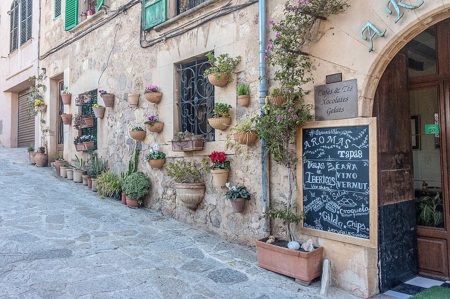 mallorca, valldemossa, arquitectura, carretera, casa, pegat, ciutat, restaurant, Illes Balears, vacances, viatjar, turisme, text, estructura construïda, exterior de l'edifici, comunicació, planta, guió, script no occidental, planta en test, edifici, dia, cap gent, guió occidental, informació, a l'aire lliure, naturalesa, signe d'informació, signe, creixement, 2K