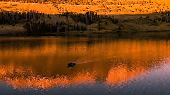 Sonnenuntergang, See, Boot, Reflexion, Landschaft, szenisch, Natur, pattiz, Bridger-Teton National Forest, Wyoming, Vereinigte Staaten von Amerika, usfs, Wasser, Abend, Dämmerung, Schönheit in der Natur, Baum, Tiere in freier Wildbahn, Ufergegend, Szenen - Natur, ruhige Szene, Ruhe, Tierwelt, Nicht-städtische Szene, Tierthemen, Pflanze, Tier, orange Farbe, Vogel, Wirbeltier, keine Leute, draußen, 2K, CC0, gemeinfrei, lizenzfrei