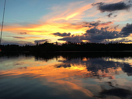 trees, lake, forest, sunset, north, minnesota, reflection, sky, cloud - sky, water, beauty in nature, scenics - nature, tranquility, tranquil scene, orange color, waterfront, idyllic, nature, no people, silhouette, tree, non-urban scene, plant, outdoors, romantic sky, 4K, CC0, public domain, royalty free