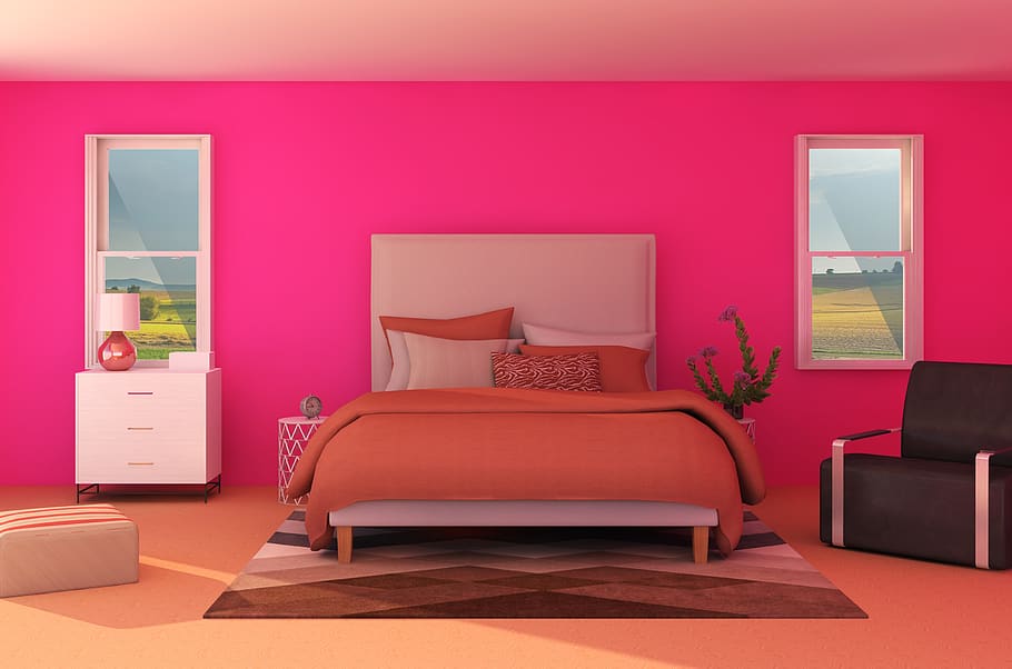 interior, llit, rosa, paret, mobles, decoració, sofà, catifa, habitació domèstica, interior de casa, interior de l'aparador, a l'interior, sala d'estar, luxe, casa, modern, cap gent, arquitectura, riquesa, taula, marc, tecnologia, equips d’il·luminació, coixí, llum elèctrica, 2K