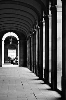 kolonner, by, bw, sort, og, hvid, arkitektur, minimalistisk, hal, entre, bue, bygget struktur, arkitektoniske kolonne, vejen frem, retning, arkade, søjlegang, i en række, korridor, dag, indendørs, bygning, tilfældige mennesker, faldende perspektiv, fortiden, historie, gentagelse, loft, buet, 5K, CC0, offentligt domæne, royaltyfrie