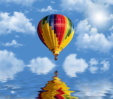 air balloon, sky, clouds, reflection, balloon, air, flight, cloud - sky, multi colored, hot air balloon, mid-air, flying, transportation, nature, water, air vehicle, adventure, day, yellow, outdoors, low angle view, beauty in nature, motion, no people, ballooning festival, digital composite, 4K, CC0, public domain, royalty free