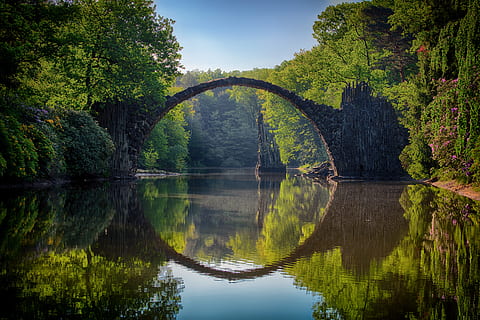 gray, bridge, trees, arch, clouds, daylight, devil's bridge, environment, fairy tale, forest, germany, grass, HD wallpaper, justifyyourlove, landscape, nature, park, plants, rakotzbrücke, reflections, rocks, scenic, water, woods, reflection, tree, lake, plant, waterfront, architecture, built structure, connection, tranquility, arch bridge, bridge - man made structure, scenics - nature, beauty in nature, no people, outdoors, 5K