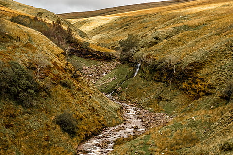 flod mellem bakkerne, natur, udendørs, vand, plateau, bjerg, landskabet, strøm, bæk, landskab, bakke, ødemark, flod, jord, vej, grus, grusvej, dal, hovedvej, scenics - natur, skønhed i naturen, miljø, rolig scene, ro, ingen mennesker, ikke-urbane scene, dag, plante, idyllisk, træ, fjern, høj vinkel visning, strøm - rindende vand, flyder, flydende vand, 5K, CC0, offentligt domæne, royaltyfrie