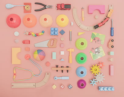bright, colored, kids toys photo, Flatlay, Toys, Tools, large group of objects, multi colored, studio shot, text, indoors, letter, alphabet, no people, abundance, still life, communication, colored background, western script, choice, variation, button, arrangement, creativity, toy, scissors, 4K, CC0, public domain, royalty free
