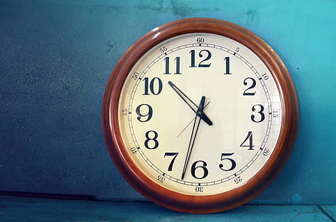 clock, antique, time, number, wall - building feature, shape, geometric shape, circle, indoors, no people, instrument of time, wall clock, clock hand, minute hand, clock face, hour hand, accuracy, close-up, wood - material, single object, blue, 2K