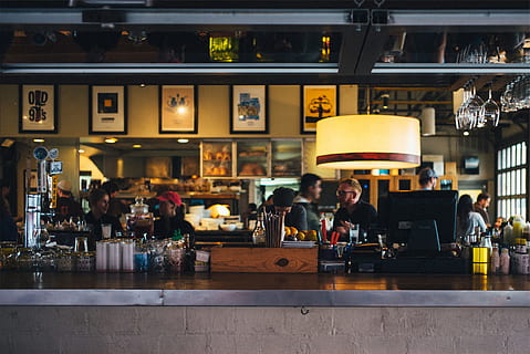restaurant, bar, counter, people, food and drink, business, bar - drink establishment, cafe, bar counter, table, food and drink industry, adult, food, illuminated, drink, men, women, small business, group of people, city, customer, service, working, bartender, coffee shop, 1080P