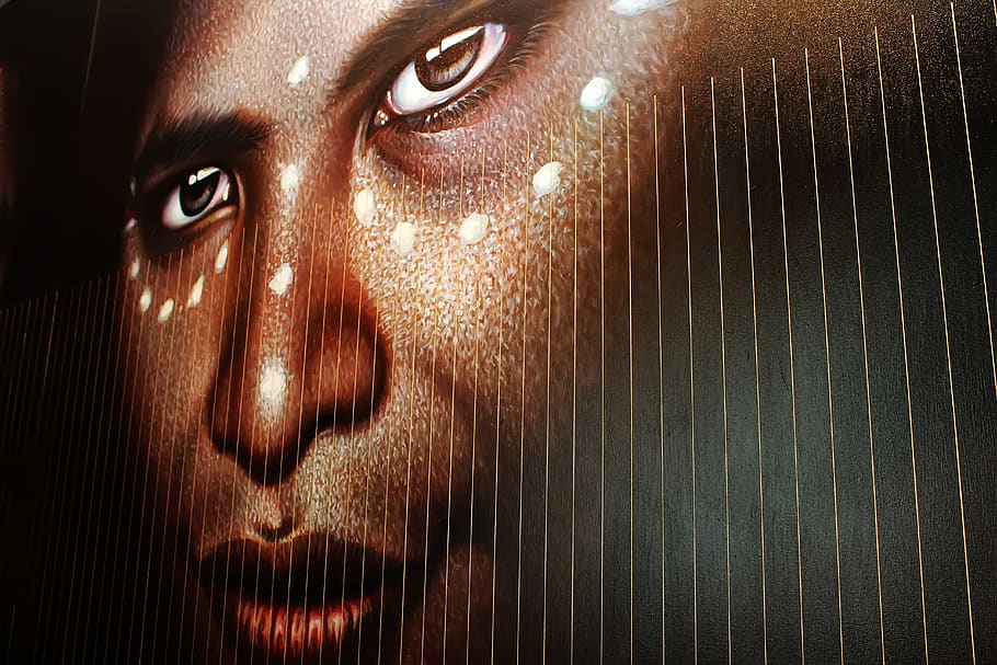 el retrat de l'home, art, primer pla, color, fosc, maquillatge d'ulls, ulls, cara, expressió facial, glamour, home, pintura, persona, retrat, estudi, estil, textura, art mural, una persona, mirant la càmera, tirada al cap, a l'interior, rostre humà, adult jove, part del cos, part del cos humà, adult, vista frontal, dones, cultura i entreteniment artístic, persones reals, pentinat, compost digital, dona guapa, 5K