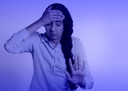 upset, woman, -, depression, despair, distress, alone, breakdown, collapse, concept, depressed, disorder, blue, blues, emotion, emotional, expression, face, female, grief, hair, head, headache, heartbroken, help, human, illness, loneliness, lonely, mental, nervous, one, pain, person, portrait, pretty, psychiatrist, depressive, panic, sad, major, sadness, shrink, sink, solitude, sorrow, soul, stress, stressed, tired, unhappy, women, worry, young, youth, bored, inflammation, studio shot, one person, waist up, colored background, indoors, adult, front view, young adult, casual clothing, hand, blue background, clothing, human body part, standing, hairstyle, human face, hands covering eyes, obscured face, contemplation, 1080P
