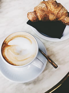 cappuccino, croissant, baking, break, breakfast, caffeine, coffee, cream, cup, delicious, drink, drinking, eating, espresso, food, foodporn, hot, plate, saucer, sweet, table, food and drink, coffee - drink, coffee cup, eating utensil, mug, refreshment, kitchen utensil, still life, freshness, spoon, crockery, frothy drink, indoors, hot drink, french food, meal, no people, latte, temptation, teaspoon, 2K, CC0, public domain, royalty free