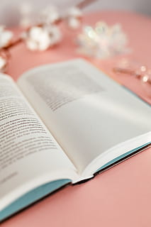 open, book, pink, background, reading, glasses, learning, pink backgound, study, feminine, publication, indoors, paper, table, selective focus, no people, still life, close-up, education, page, text, high angle view, love, literature, communication, flower, studying, 5K, CC0, public domain, royalty free