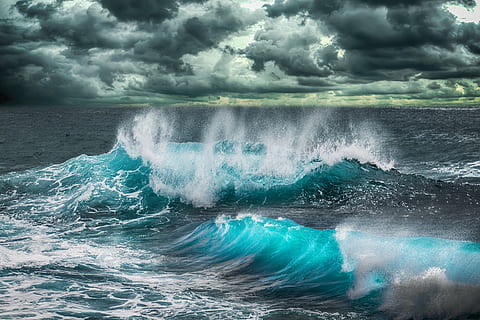 sea, waves, sky, clouds, landscape, blue, marina, costa, hd wallpaper, water, motion, beauty in nature, cloud - sky, power in nature, power, scenics - nature, storm, wave, nature, waterfront, sport, no people, day, aquatic sport, outdoors, flowing water, breaking, 5K, CC0, public domain, royalty free